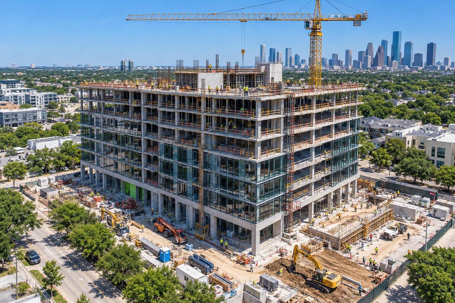Aerial view of an active building site and tower crane
