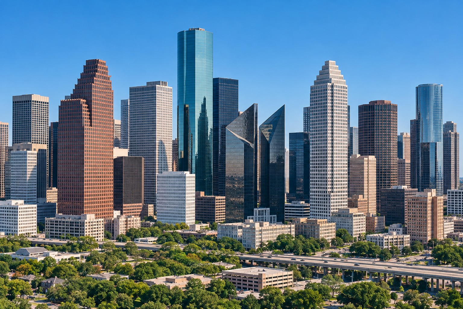 Downtown Houston buildings beneath a clear blue sky