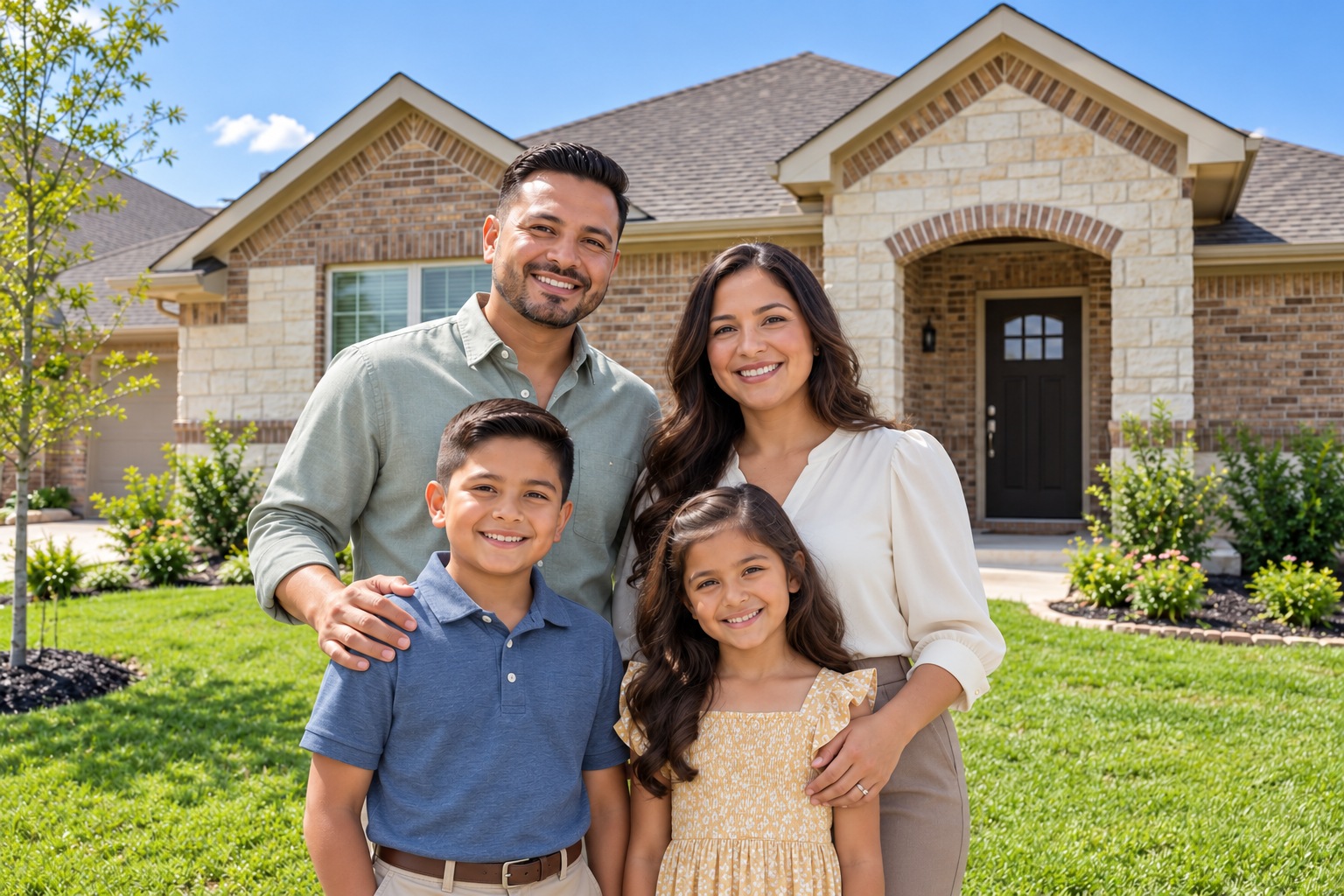 Family standing on the lawn outside their Texas home