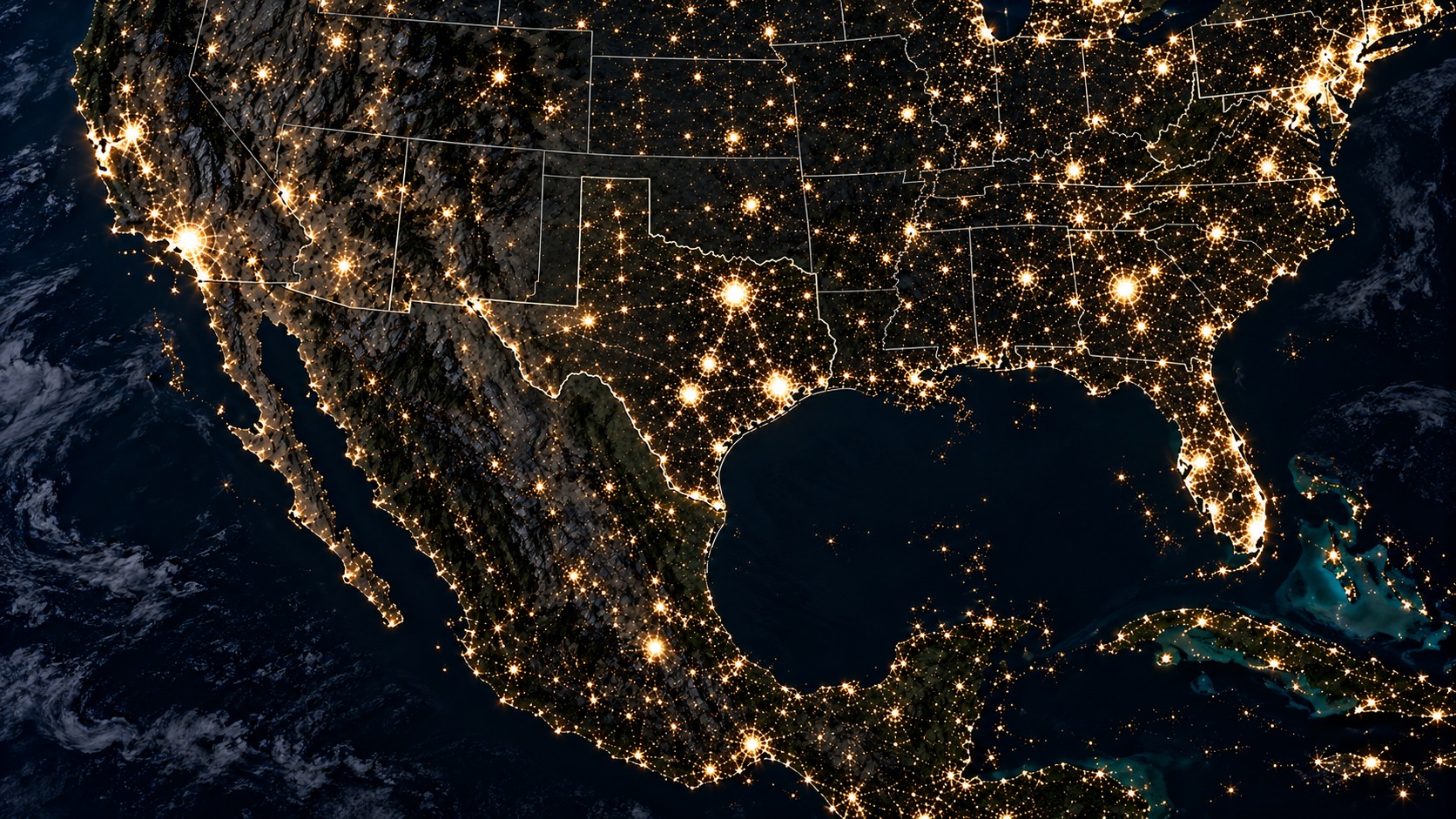 Illustrative night view of Texas with illuminated cities